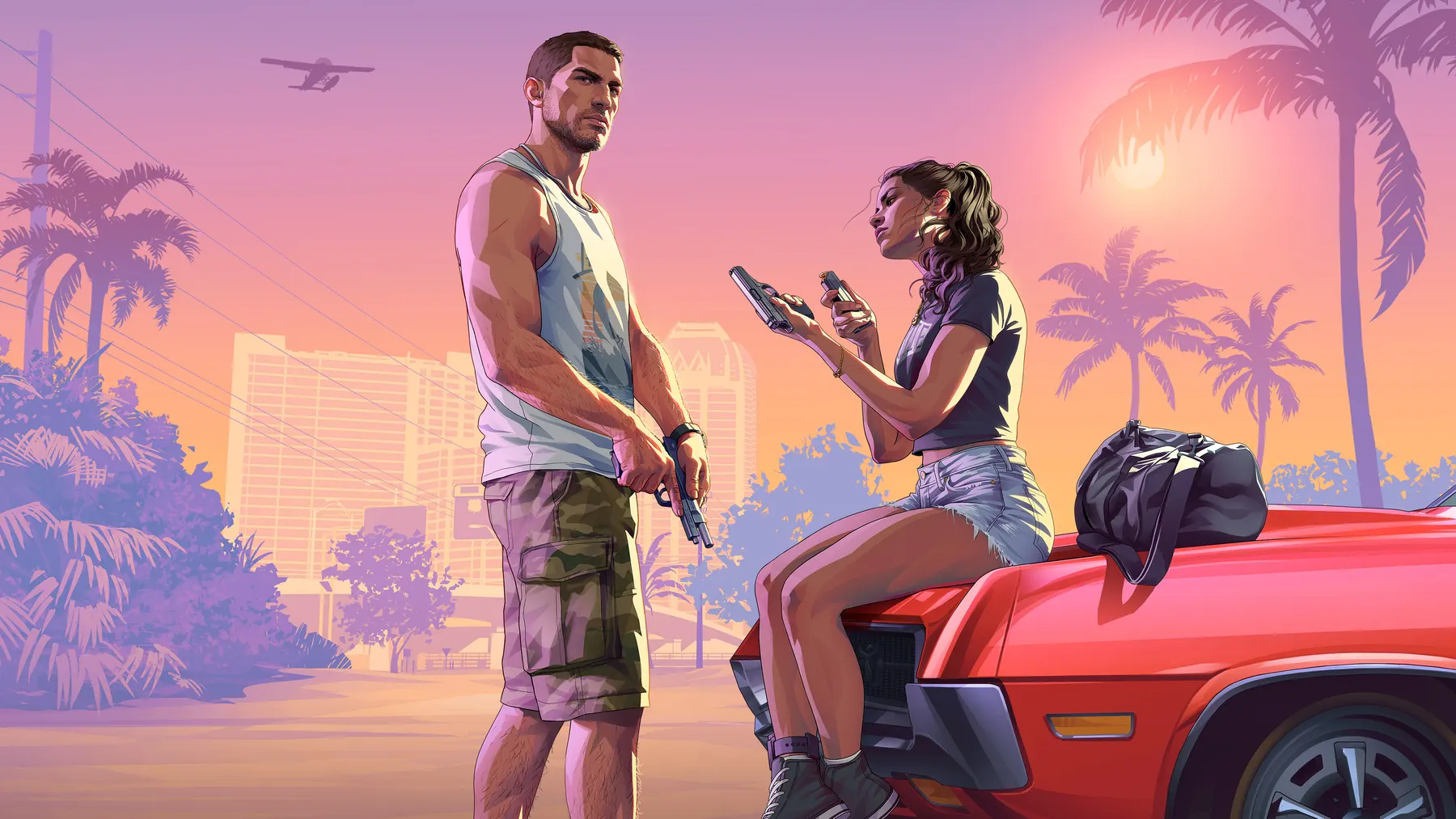 Jason Duval and Lucia Caminos at sunset beside a red car in Grand Theft Auto VI
