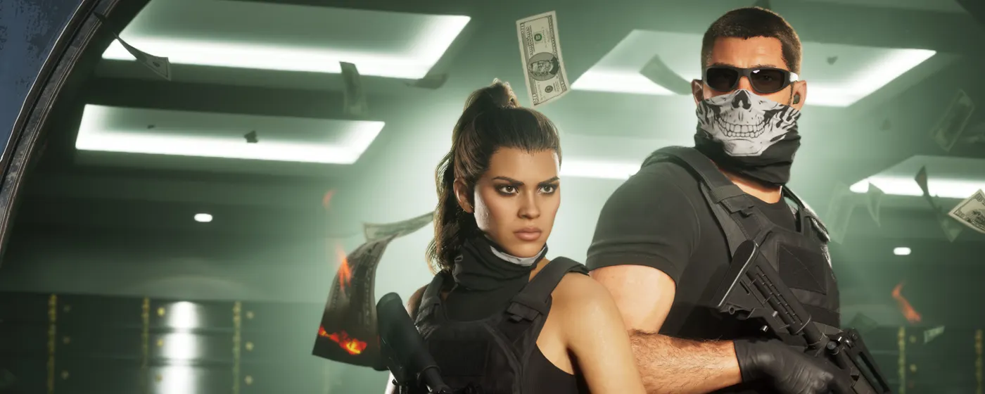 Lucia and Jason, armed and masked, inside a bank vault in Grand Theft Auto VI