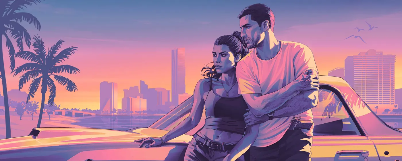 Jason and Lucia embracing in front of the Vice City skyline at sunset in Grand Theft Auto VI