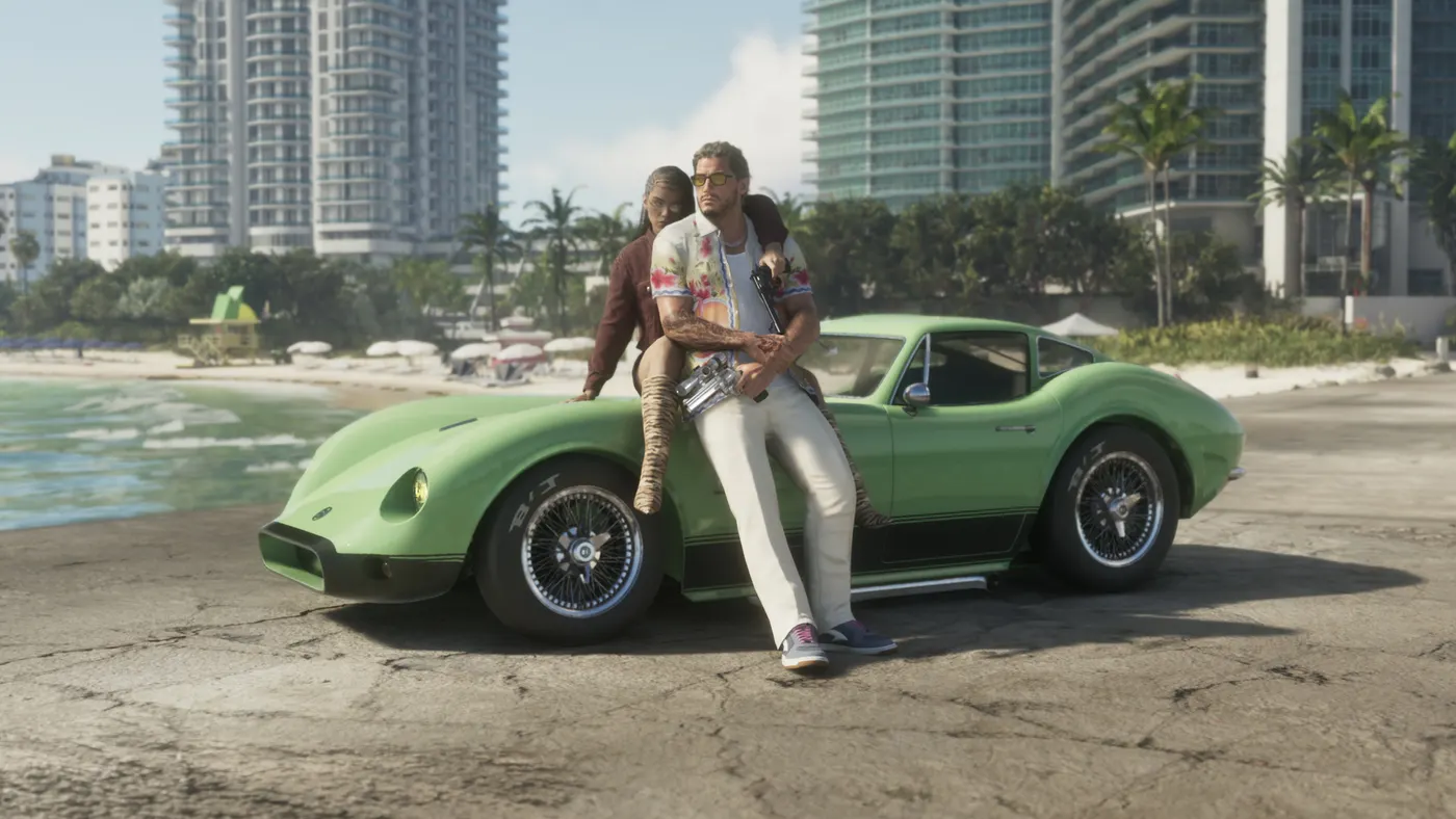 Jason and Lucia leaning on a green sports car on a Vice City beach in Grand Theft Auto VI