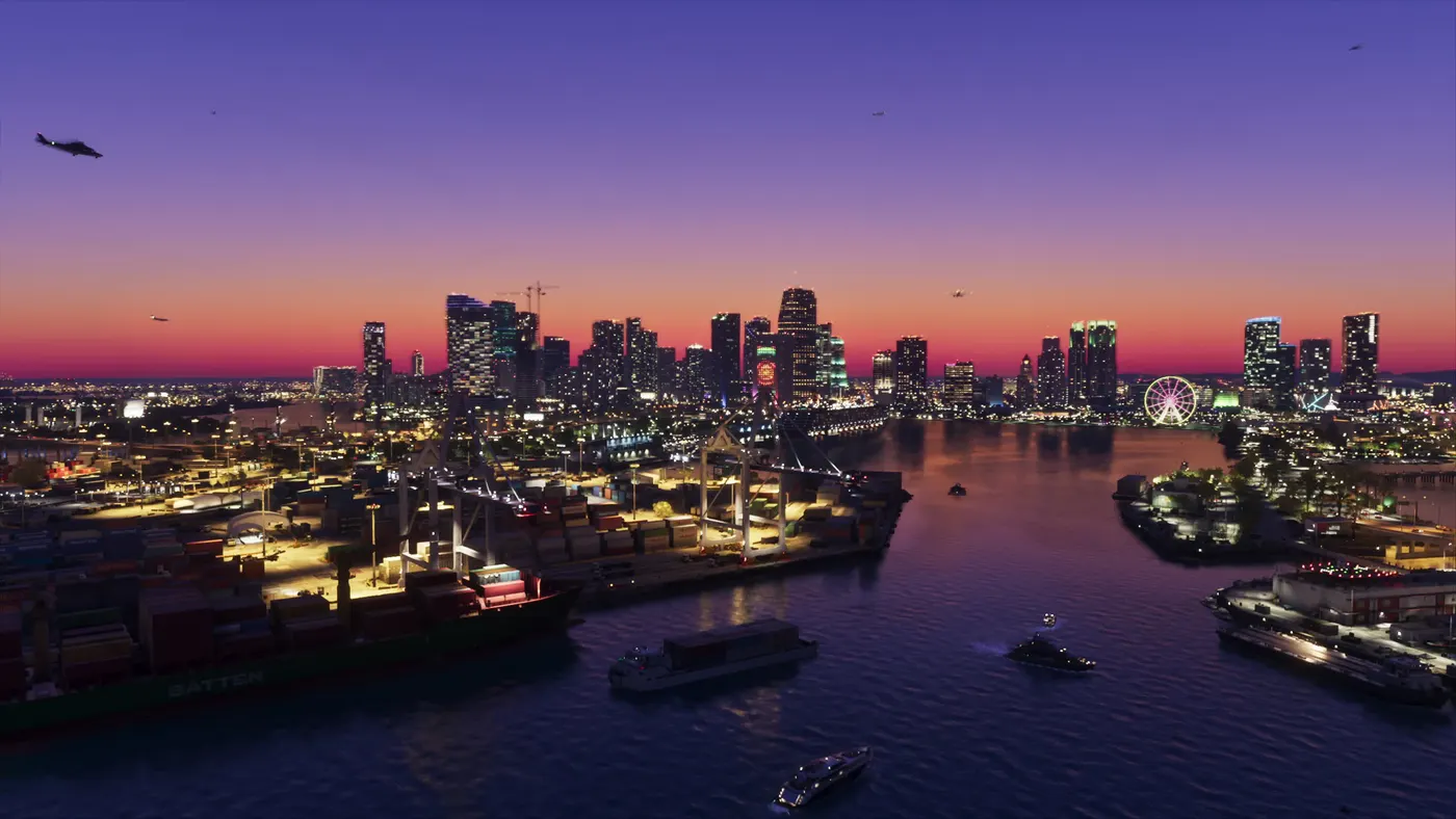 The Vice City skyline and harbor at dusk in Grand Theft Auto VI